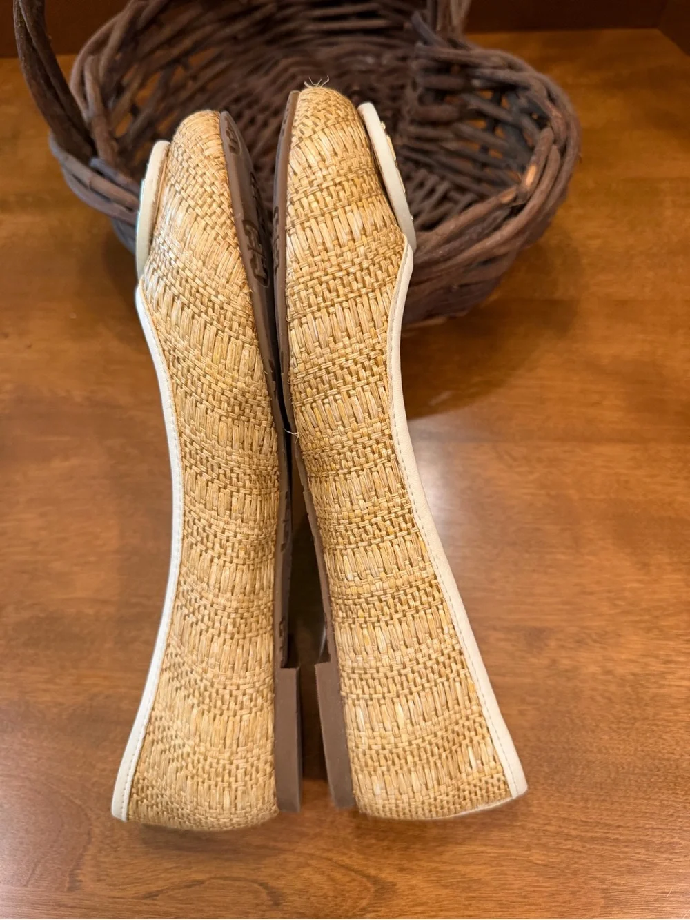 Tory Burch Natural Raffia Flats with White Trim and Gold Logo